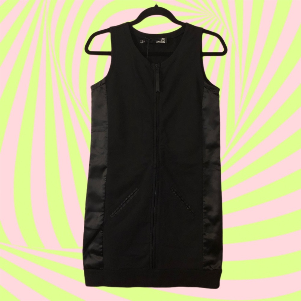 LOVE MOSCHINO Black Stretchy Front Zip Mini Dress w/ Satin Details